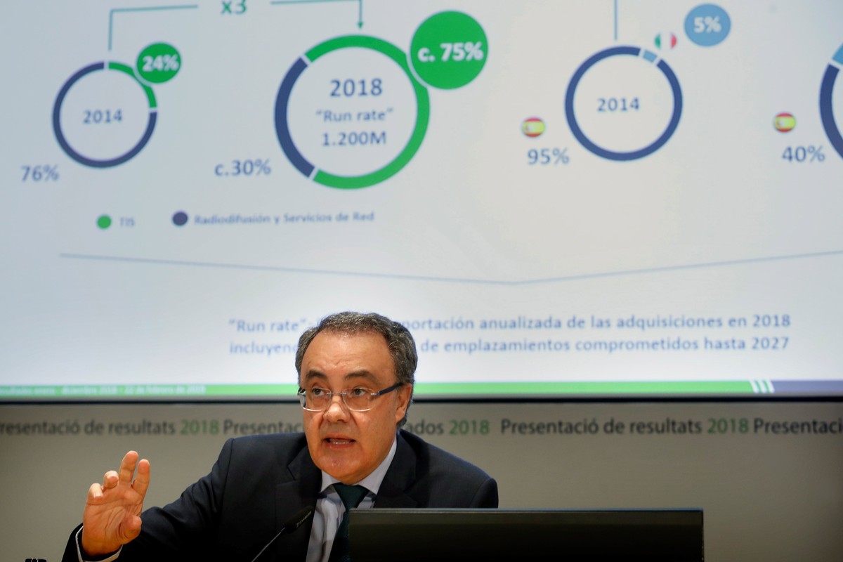 epa07387891 Cellnex's CEO, Tobias Martinez, attends a press conference to present the company's 2018 annual results in Barcelona, Catalonia, Spain, 22 February 2019. Cellnex closes the 2018  ...