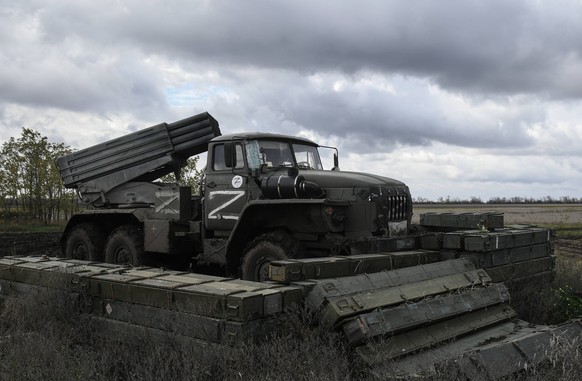 Russia Ukraine Military Operation Multiple Rocket Launcher 8307833 27.10.2022 The image shows a BM-21 Grad multiple rocket launcher system in firing position during the Russian military operation ...