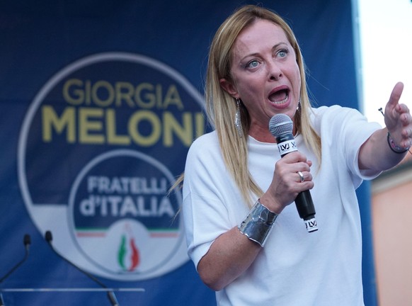 epa10176101 Brothers of Italy (Fratelli d&#039;Italia) leader Giorgia Meloni attends an election campaign rally, in Mestre, Italy, 10 September 2022. Italy will hold an early election on 25 September  ...