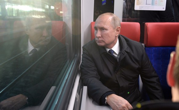 November 21, 2019. - Russia, Moscow. - Russia s President Vladimir Putin in an Ivolga train on the first Moscow Central Diameter MCD-1. Moscow Central Diameters MCD is a Moscow Government transport pr ...