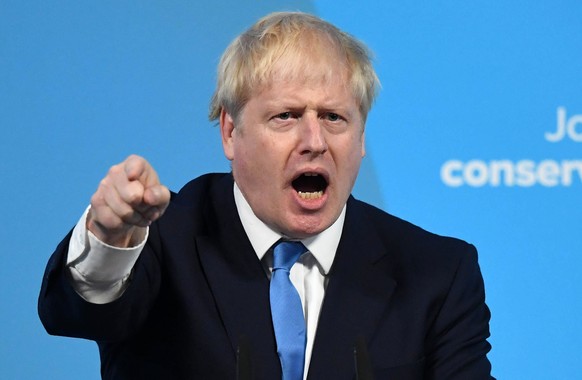 epa07735150 Boris Johnson holds his acceptance speech after he is announced as the new Conservative party leader at an event in London, Britain, 23 July 2019. Former London mayor and foreign secretary ...