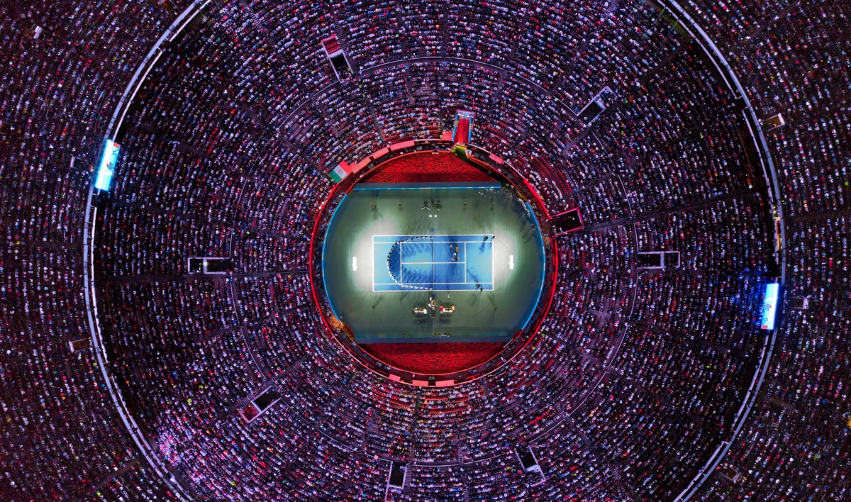 epa08045971 YEARENDER 2019 NOVEMBER....An aerial picture taken with a drone shows the Plaza de Toros bullring during a tennis exhibition match between Switzerland's Roger Federer and Germany' ...