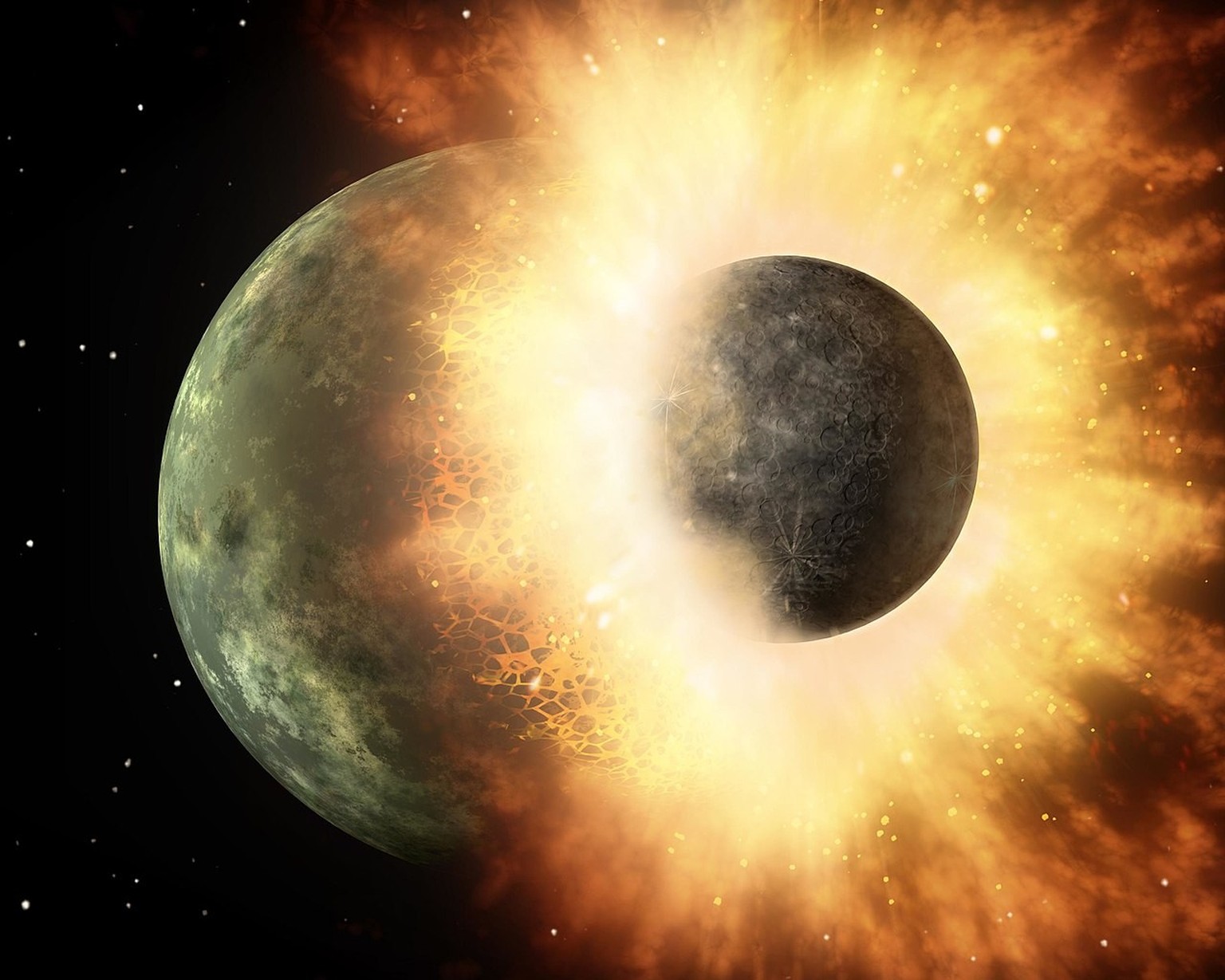 Künstlerische Darstellung der Kollision zweier Planeten.
https://de.wikipedia.org/wiki/Theia_(Protoplanet)#/media/Datei:Artist&#039;s_concept_of_collision_at_HD_172555.jpg