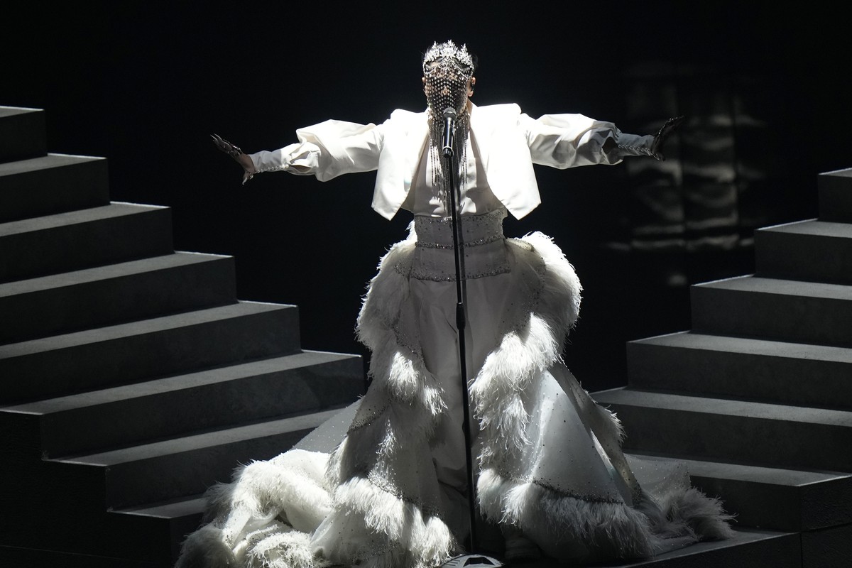 Sheldon Riley from Australia singing 'Not The Same' performs during the Grand Final of the Eurovision Song Contest at Palaolimpico arena, in Turin, Italy, Saturday, May 14, 2022. (AP Photo/L ...