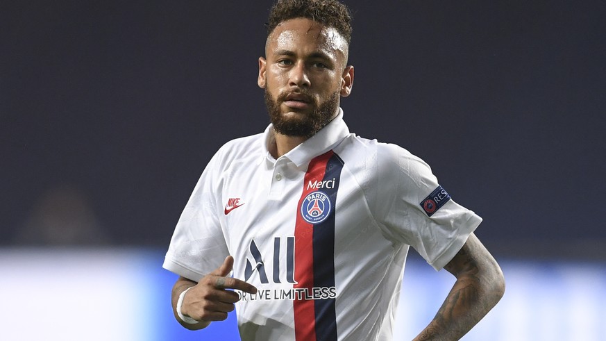 epa08599978 Paris Saint Germain&#039;s Neymar reacts during the UEFA Champions League quarter final match between Atalanta and Paris Saint-Germain in Lisbon, Portugal 12 August 2020. EPA/David Ramos / ...