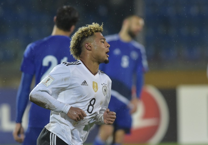 Germany&#039;s Serge Gnabry celebrates after scoring during a 2018 World Cup Group C qualifying soccer match between San Marino and Germany at the Serravalle stadium in San Marino, Friday, Nov. 11, 20 ...