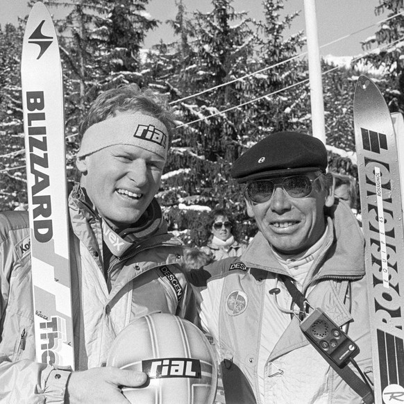 Der Abfahrts-Weltmeister 1987 und sein Trainer: Peter Müller mit Karl Frehsner.