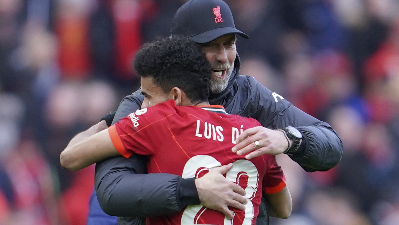 Liverpool&#039;s manager Jurgen Klopp embraces Liverpool&#039;s Luis Diaz after the FA Cup fourth round soccer match between Liverpool and Cardiff City at Anfield stadium in Liverpool, England, Sunday ...