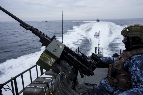 A Ukrainian serviceman of Military Naval Forces stands on a boat during patrol over Black Sea coast line of Odesa region, Ukraine, on March 27, 2025. (AP Photo/Evgeniy Maloletka)
Russia Ukraine War
