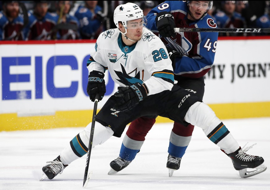 San Jose Sharks right wing Timo Meier, front, blocks Colorado Avalanche defenseman Samuel Girard as they pursue the puck in the second period of an NHL hockey game Wednesday, Jan. 2, 2019, in Denver.  ...