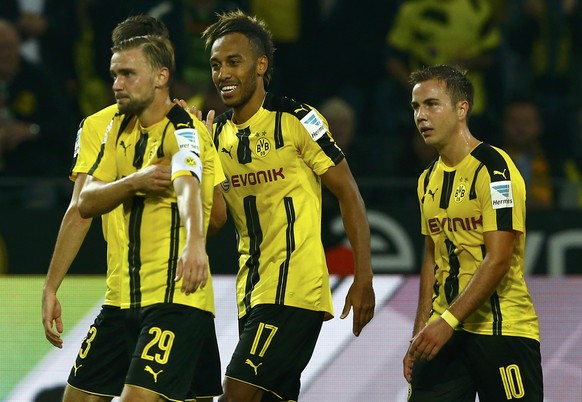 Football Soccer - Borussia Dortmund v SC Freiburg - German Bundesliga - Signal Iduna Park, Dortmund, Germany - 23/09/16 Aubameyang (#17) of Borussia Dortmund celebrates goal against SC Freiburg with t ...