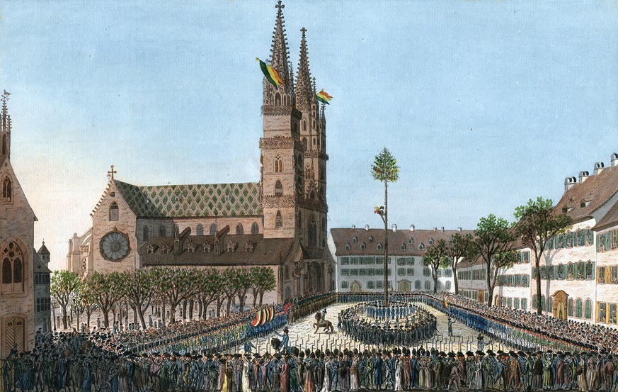 Vorbild für Aarau: Freiheitsbaum auf dem Münsterplatz in Basel am 22. Januar 1798.