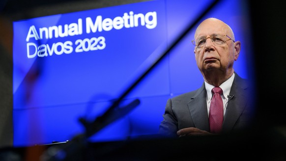 epa10398107 Klaus Schwab, Founder and Executive Chairman of the World Economic Forum (WEF), practices his speech before a virtual media briefing, in Cologny, near Geneva, Switzerland, 10 January 2023. ...