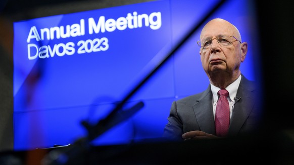 epa10398107 Klaus Schwab, Founder and Executive Chairman of the World Economic Forum (WEF), practices his speech before a virtual media briefing, in Cologny, near Geneva, Switzerland, 10 January 2023. ...