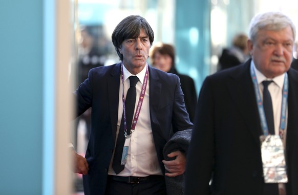 Germany coach Joachim Loew arrives for the the UEFA Euro 2020 European soccer championship qualifying draw at the Convention Centre in Dublin, Ireland, Sunday, Dec. 2, 2018. (AP Photo/Peter Morrison)