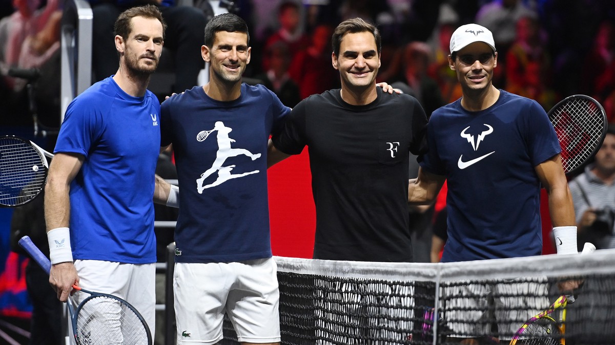 epa10199155 (L-R) Britain's Andy Murray, Serbia's Novak Djokovic, Switzerland's Roger Federer and Spain's Rafael Nadal pose for photographs during a practice session of team Europe ...