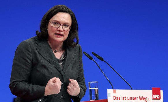 epa06374256 The Chairwoman of the German Socialist Democratic Party (SPD) parliamentary group, Andrea Nahles, speaks in the SPD party conference, in Berlin, Germany, 07 December 2017. During the three ...