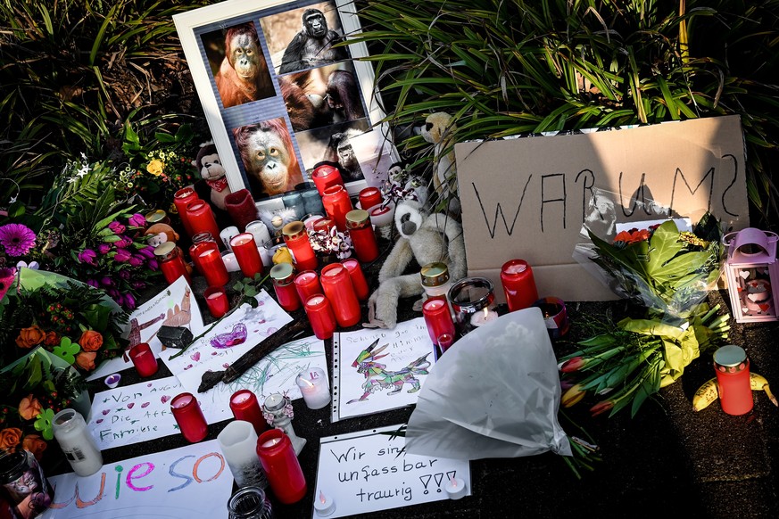 epa08097711 Notes, candles and flowers are placed as people mourn at the entrance outside of the zoo in Krefeld, Germany, 01 January 2020. All animals, in total more than 30, died during the fire at t ...