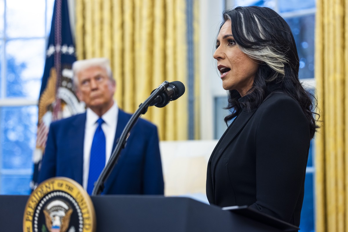 epa11891816 US President Donald Trump's Director of National Intelligence Tulsi Gabbard speaks after she was sworn in in the Oval Office of the White House in Washington, DC, USA, 12 February 202 ...