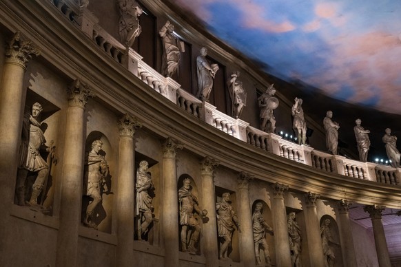 Vicenza, Italy - August 13 2022: Olympic Theater or Teatro Olimpico Exedra with Columns interior in Vicenza, Italy designed by Andrea Palladio