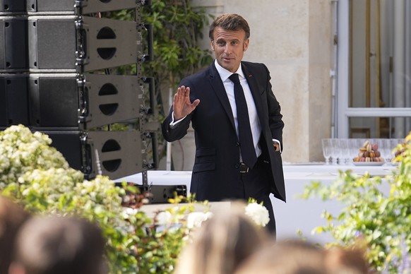 epa10719506 French President Emmanuel Macron arrives to inaugurates an exhibition dedicated to produces made in France, at the Elysee palace in Paris, France, 30 June 2023. EPA/Michel Euler / POOL MAX ...