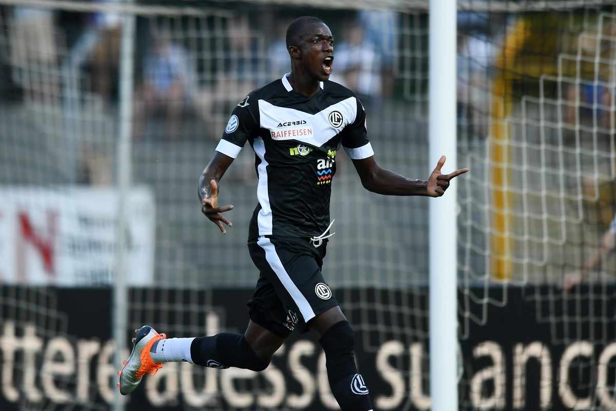 Lugano's player Assan Ceesay celebrates the 1-0 goal during the Super League soccer match FC Lugano against Grasshopper Club Zuerich, at the Cornaredo stadium in Lugano, Saturday, August 11, 2018 ...