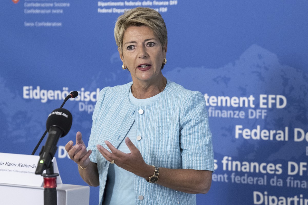Swiss Finance Minister Karin Keller-Sutter speaks during a press conference in Bern, Switzerland, Friday, Aug. 11, 2023. (Peter Schneider/Keystone via AP)