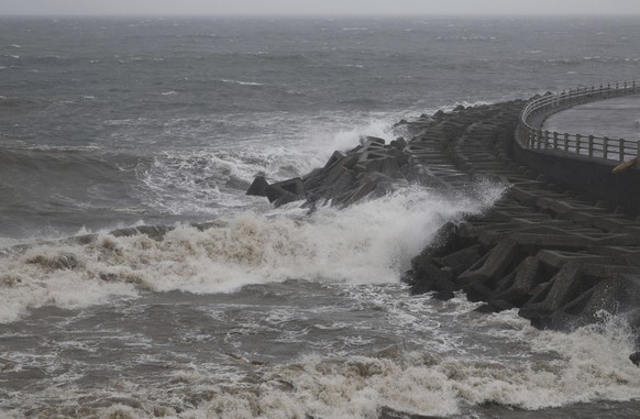 High waves hit a coastal area in Kagoshima, Kagoshima prefecture, western Japan, Thursday, Aug. 29, 2024, as a typhoon is approaching. (Hidetaka Komukai/Kyodo News via AP)