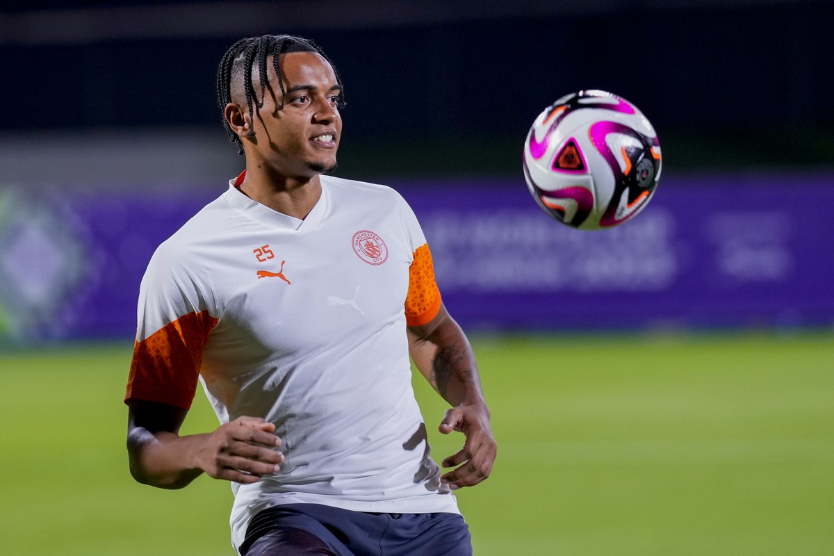 Manchester City's Manuel Akanji attends a training session at the King Abdullah Sports City Stadium in Jeddah, Saudi Arabia, Monday, Dec. 18, 2023. Urawa Reds will play against Manchester City du ...