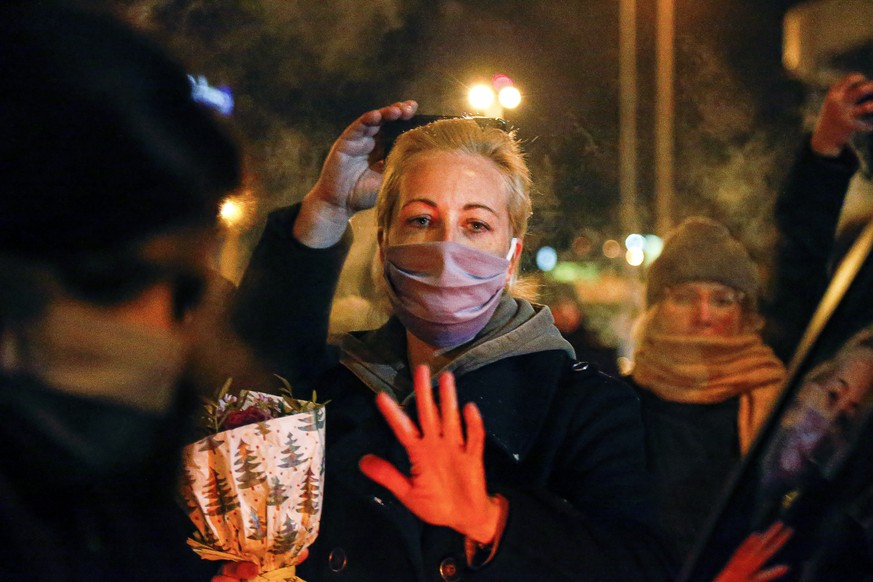 Yulia, wife of Russian opposition leader Alexei Navalny, speaks to the media after arriving at Sheremetyevo airport outside Moscow, Russia, Sunday, Jan. 17, 2021. Russia&#039;s prison service says opp ...