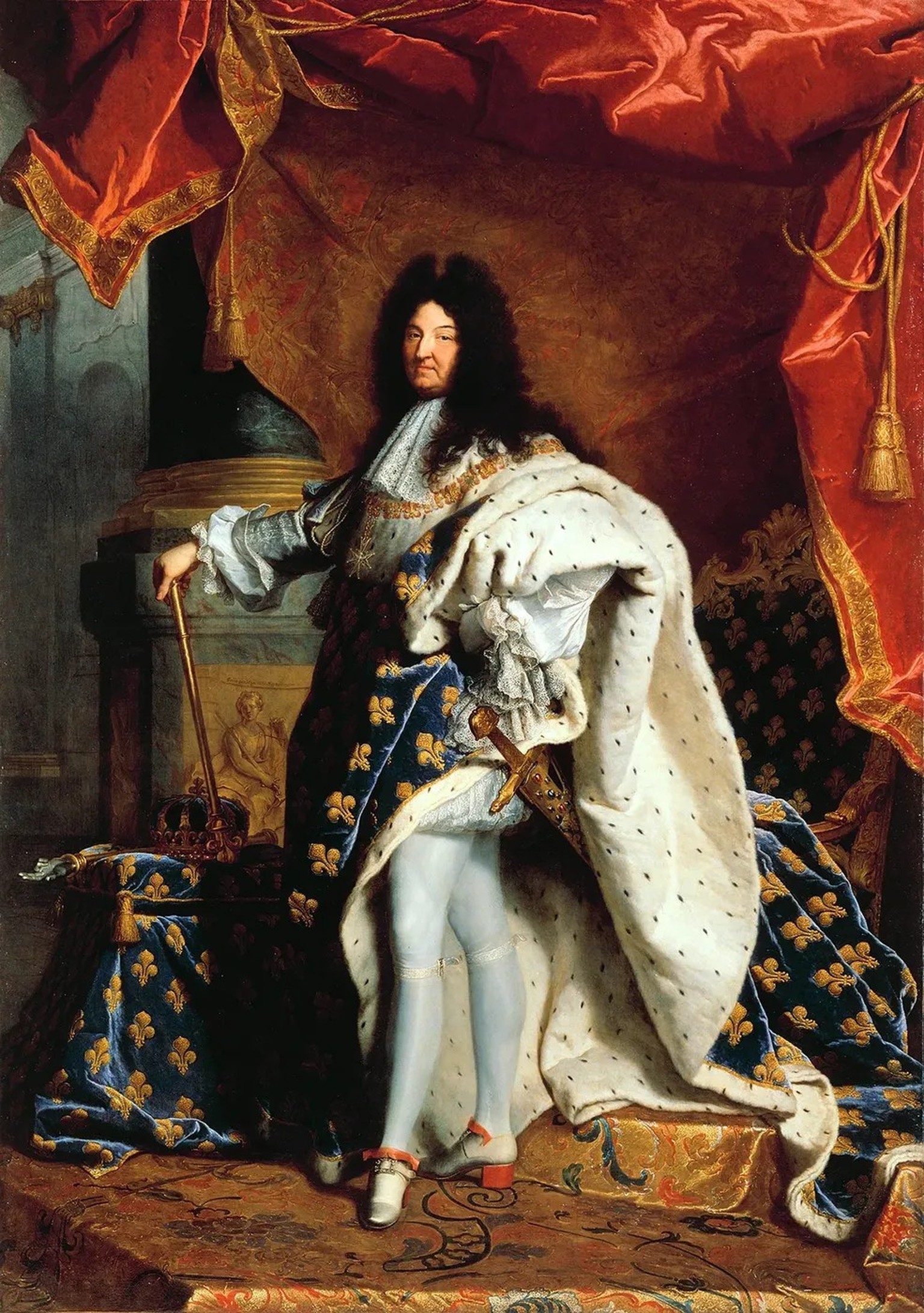 Hochhackige Schuhe mit leuchtroten Absätzen an blaublütigen Füssen: Louis XIV. posiert in royalem Schuhwerk.
https://de.wikipedia.org/wiki/Hyacinthe_Rigaud#/media/Datei:Louis_XIV_of_France.jpg