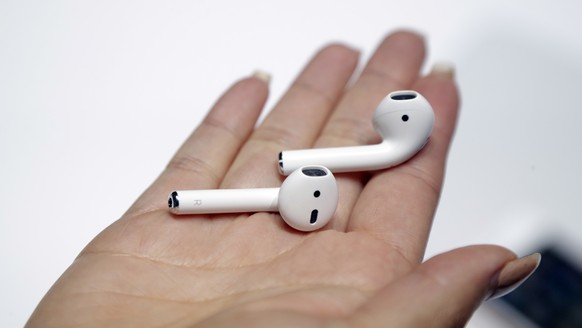 The new Apple AirPods are shown during an event to announce new Apple products on Wednesday, Sept. 7, 2016, in San Francisco. (AP Photo/Marcio Jose Sanchez)