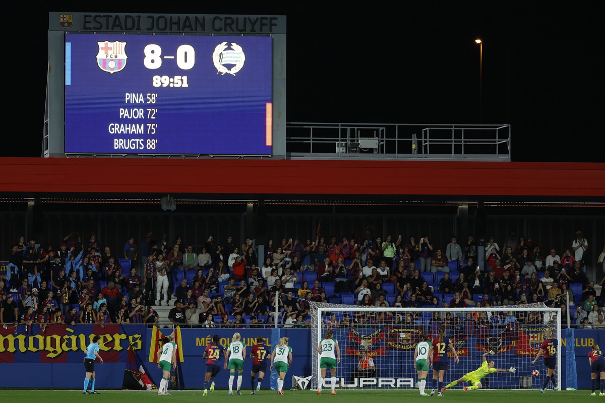 Barcelona's Fridolina Rolfo, 2nd right scores her side's 9th goal from a penalty kick during the women's Champions League group D soccer match between Barcelona and Hammarby at the Esta ...