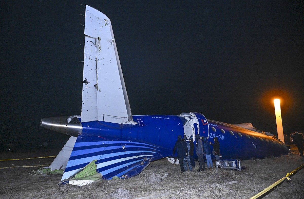 epa11793293 Wreckage of plane passenger plane Embraer ERJ-190AR at the crash site near Aktau, Kazakhstan, 25 December 2024. Azerbaijan Airlines Embraer ERJ-190AR passenger plane flying from Baku to Gr ...