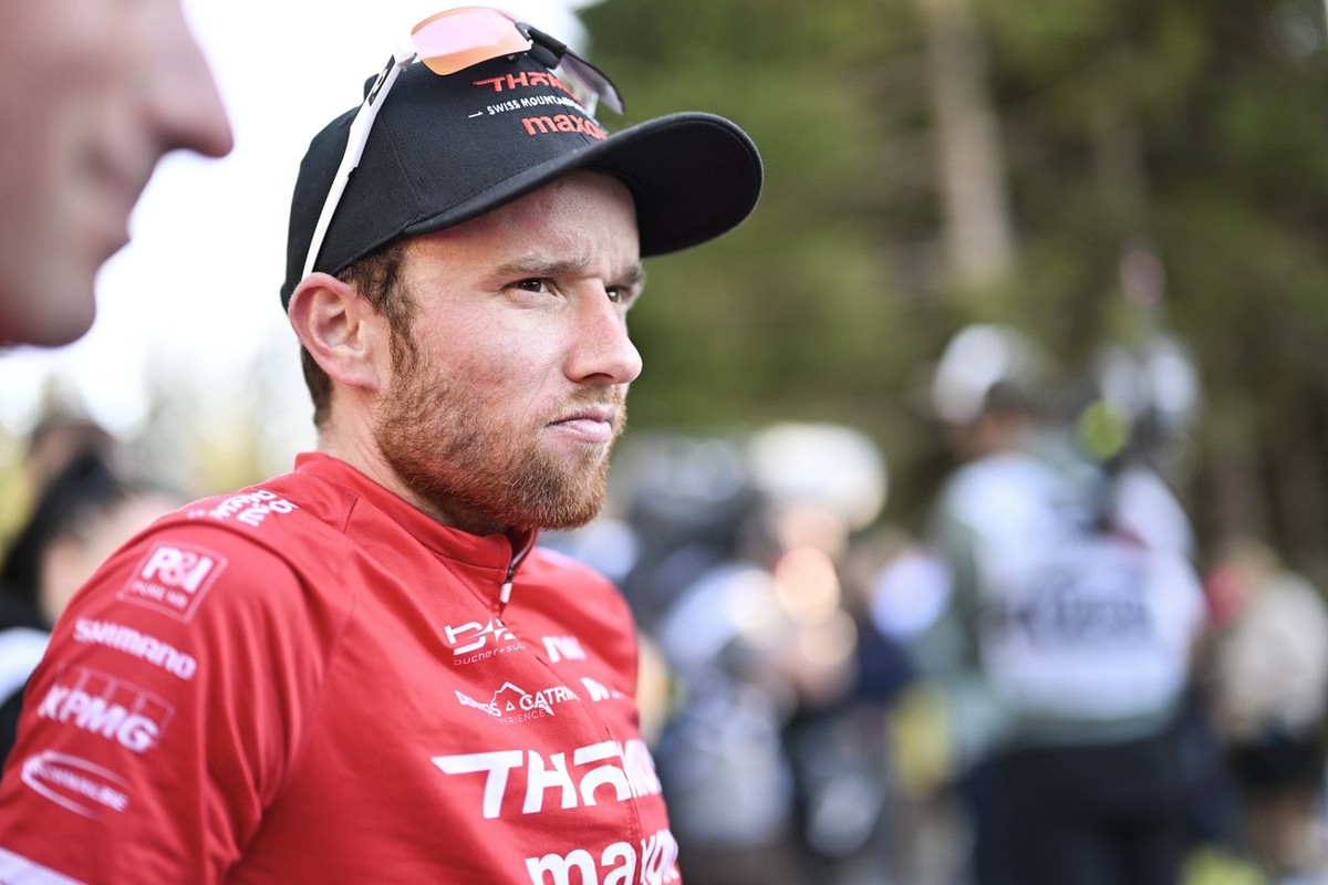 Mathias Flueckiger of Switzerland after the UCI Cross Country Mountain Bike World Cup Short Track Race, on Friday, July 8, 2022, in Lenzerheide, Switzerland. (KEYSTONE/Gian Ehrenzeller)