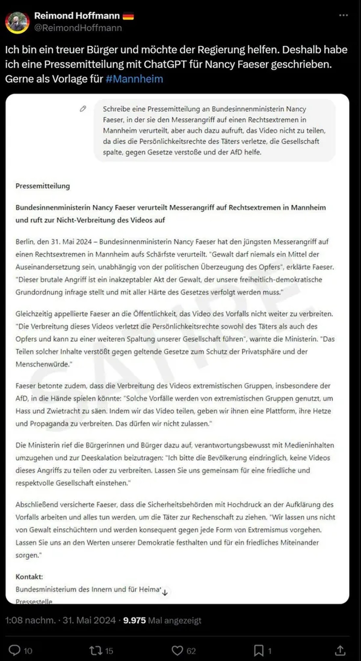 «Hilfe für die Regierung»: AfD-Politiker Raimond Hoffmann hatte von der KI die Fake-Pressemitteilung erfinden lassen, die Alice Weidel dann empört als echte Erklärung von Nancy Feaser verkaufte.