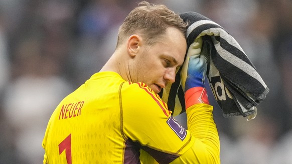 Germany's goalkeeper Manuel Neuer reacts at the end of the World Cup group E soccer match between Costa Rica and Germany at the Al Bayt Stadium in Al Khor, Qatar, Thursday, Dec. 1, 2022. (AP Photo/Mat ...