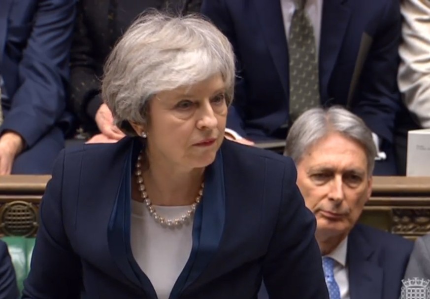 epa07287657 A handout video-grabbed still image from a video made available by UK parliament&#039;s parliamentary recording unit shows Prime Minister Theresa May reacting after MPs announced the resul ...