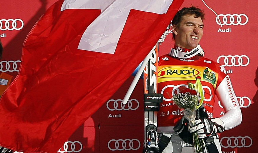 Switzerland&#039;s Tobias Gruenenfelder following the men&#039;s World Cup Super-G skiing event in Lake Louise, Alberta, Canada, Sunday, Nov. 28, 2010.(AP Photo/The Canadian Press, Jeff McIntosh)