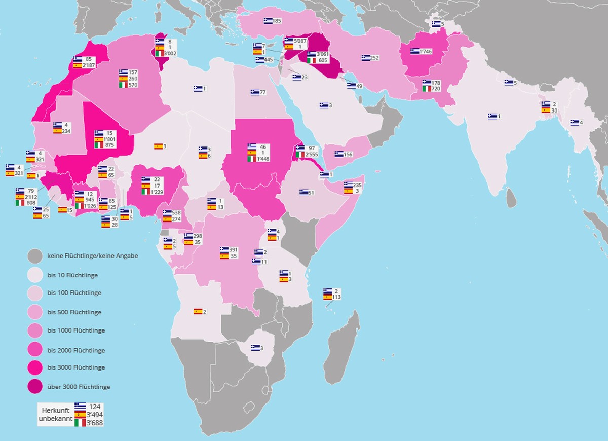 Das IOM weist nur Zahlen für Marokko und Westsahara sowie Sudan und Südsudan zusammen aus.