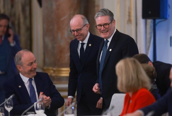 epa11873476 (from L) Irish Taoiseach (Prime Minister) Micheal Martin, Luxembourg Prime Minister Luc Frieden and British Prime Minister Keir Starmer attend the EU leaders&#039; informal retreat at the  ...