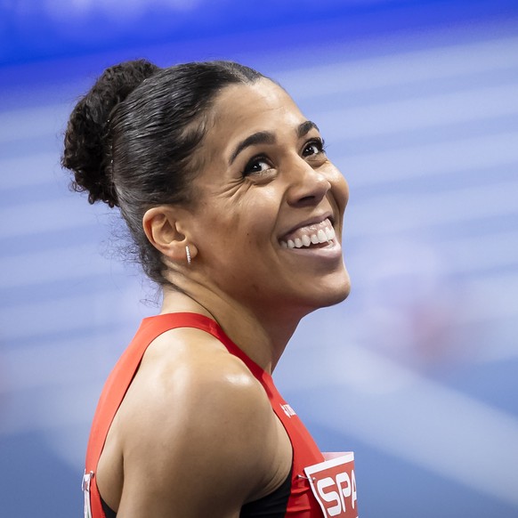 epa11950875 Mujinga Kambundji of Switzerland reacts after a Women&#039;s 60m heat at the European Athletics Indoor Championships in Apeldoorn, Netherlands, 09 March 2025. EPA/MICHAEL BUHOLZER