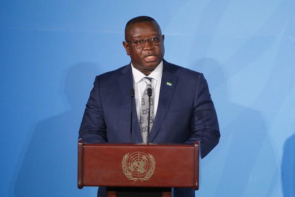 FILE - Sierra Leone President Julius Maada Bio addresses the Climate Action Summit at the United Nations General Assembly at UN Headquarters, September 23, 2019. Sierra Leone's election…