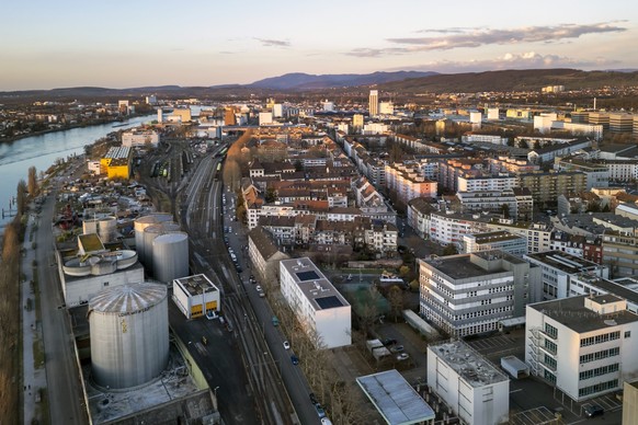 Luftaufnahme auf den Stadtteil Klybeck in Basel, am Montag, 2. Maerz 2026. (KEYSTONE/Georgios Kefalas)