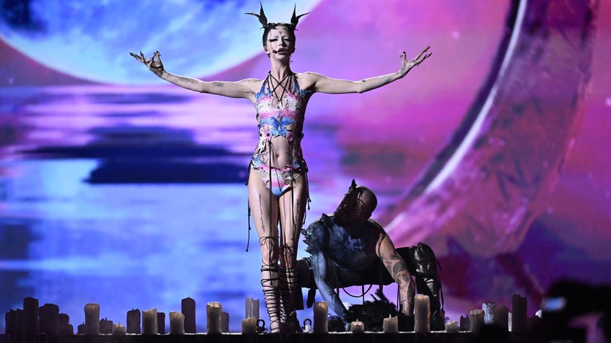 epa11331209 Bambie Thug representing Ireland with the song Doomsday Blue performs on stage during the first dress rehearsal before the final of the 68th edition of the Eurovision Song Contest (ESC) at ...