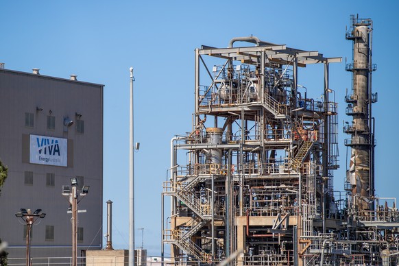 epa12892844 Some damage can be seen at the Viva Energy Geelong refinery in Corio, Victoria, Australia, 16 April 2026. Petrol production has been affected after a significant fire broke out at Viva Ene ...
