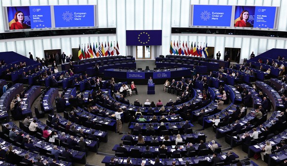 epa12974134 Moldovan President Maia Sandu speaks during the ceremony of conferral of the European Order of Merit at the European Parliament in Strasbourg, France, 19 May 2026. This is the first Europe ...