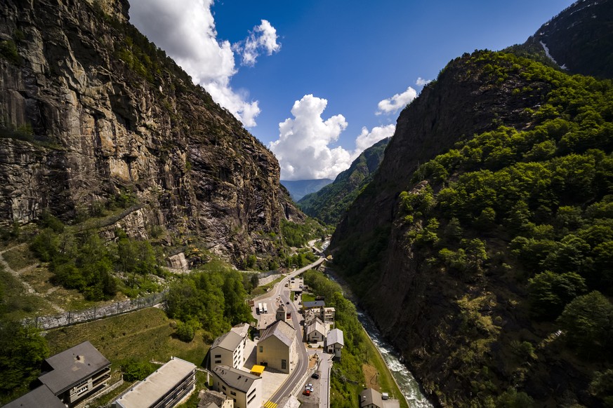 An aerial view shows the small alpine village of Gondo, Switzerland, Monday, May 7, 2018. The village formerly host to gold mining activities over a century ago has now attracted the cryptocurrency mi ...