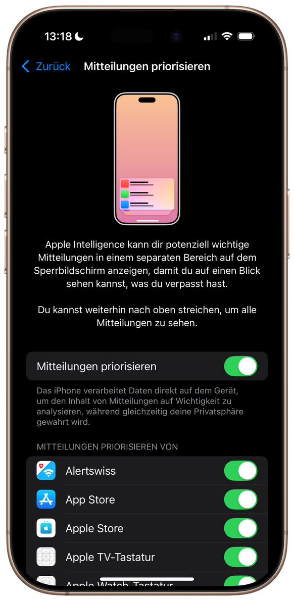 Apple-KI, Mitteilungen priorisieren (Einstellungen)