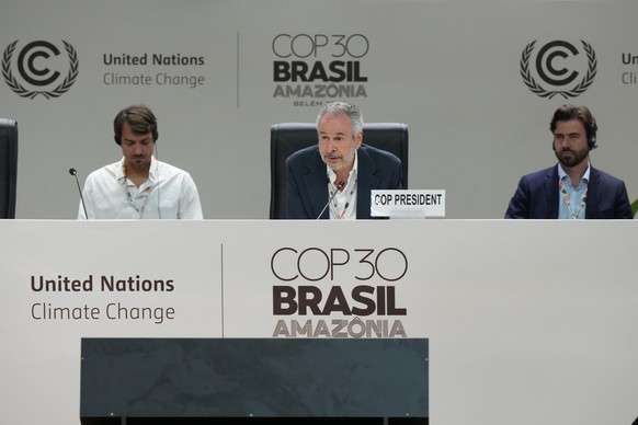 André Corrêa do Lago, COP30 president, center, speaks during a plenary session at the COP30 U.N. Climate Summit, Friday, Nov. 21, 2025, in Belem, Brazil. (AP Photo/Fernando Llano)
Climate COP30